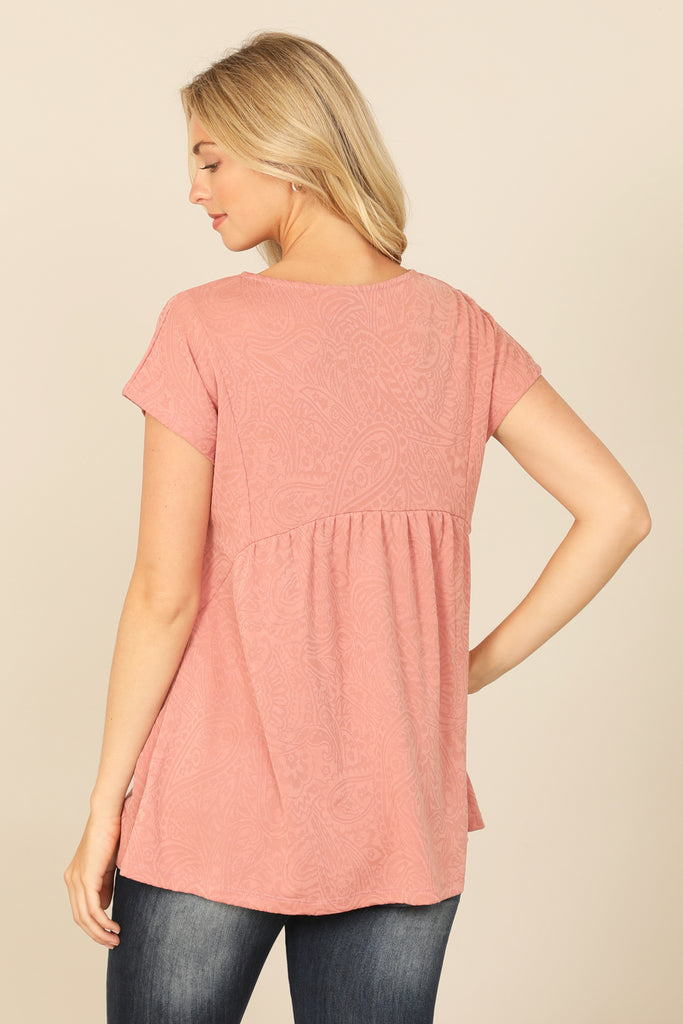 SHORT SLEEVE ROUND NECK PLEATED PEPLUM PAISLEY TOP