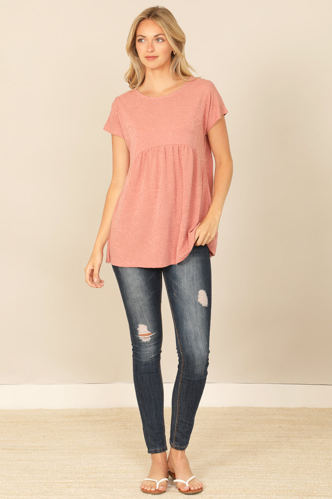 SHORT SLEEVE ROUND NECK PLEATED PEPLUM PAISLEY TOP
