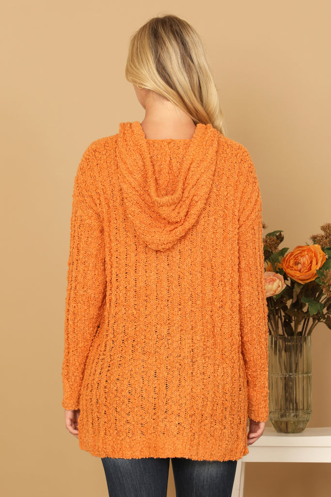 RIBBED POPCORN KNIT TUNIC HOODIE SWEATER