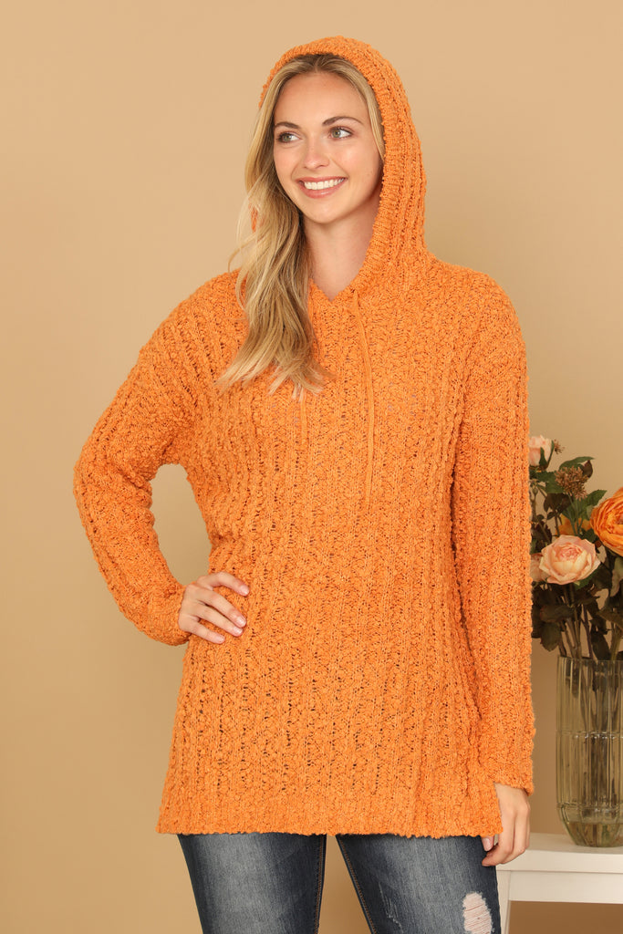 RIBBED POPCORN KNIT TUNIC HOODIE SWEATER
