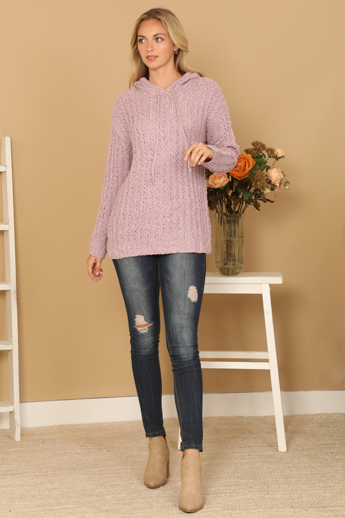 RIBBED POPCORN KNIT TUNIC HOODIE SWEATER