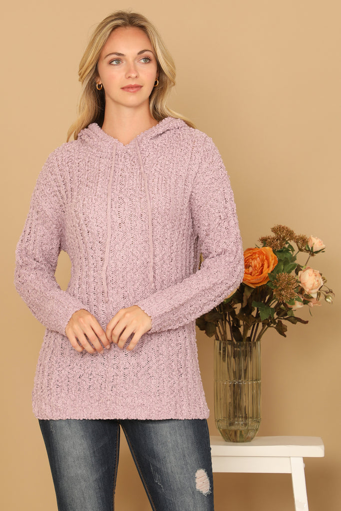 RIBBED POPCORN KNIT TUNIC HOODIE SWEATER