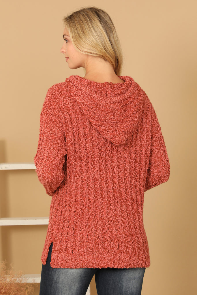 RIBBED POPCORN KNIT TUNIC HOODIE SWEATER