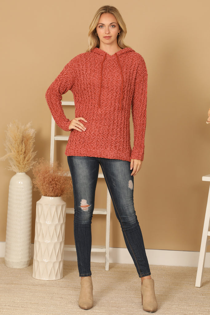 RIBBED POPCORN KNIT TUNIC HOODIE SWEATER