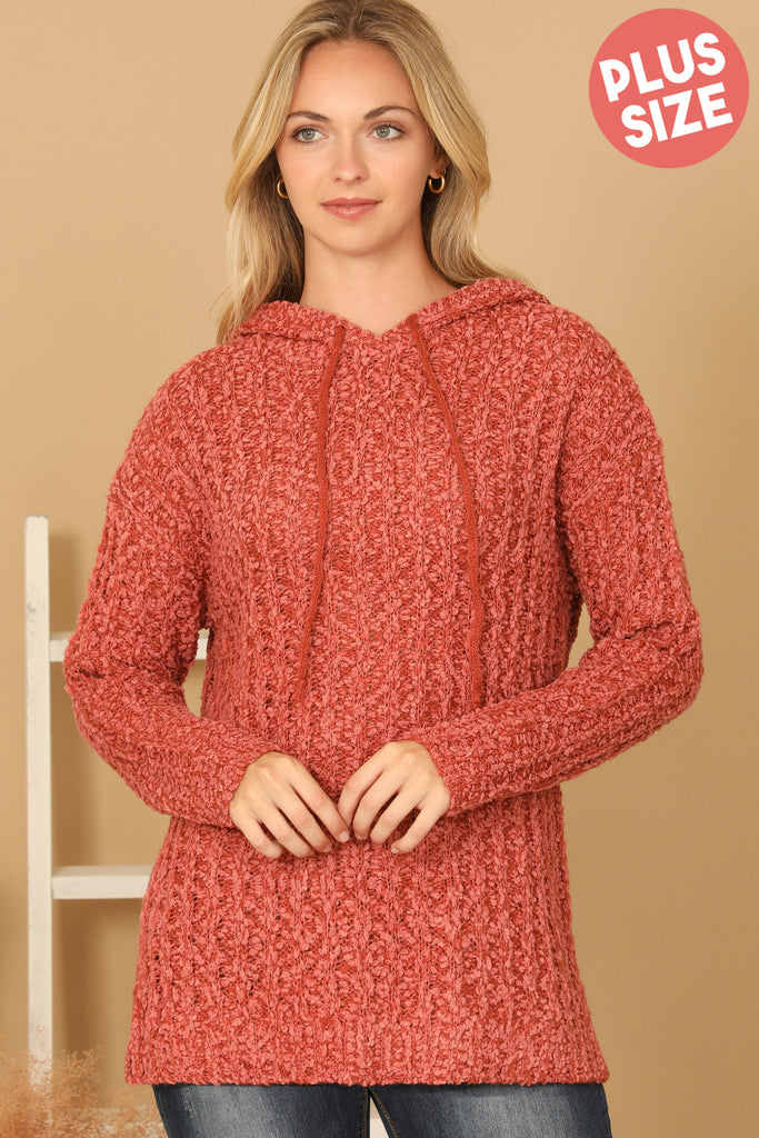 PLUS SIZE RIBBED POPCORN KNIT TUNIC HOODIE SWEATER