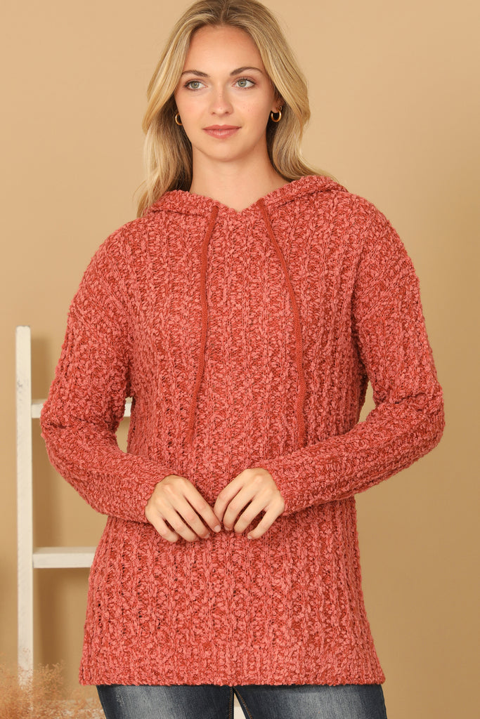 RIBBED POPCORN KNIT TUNIC HOODIE SWEATER