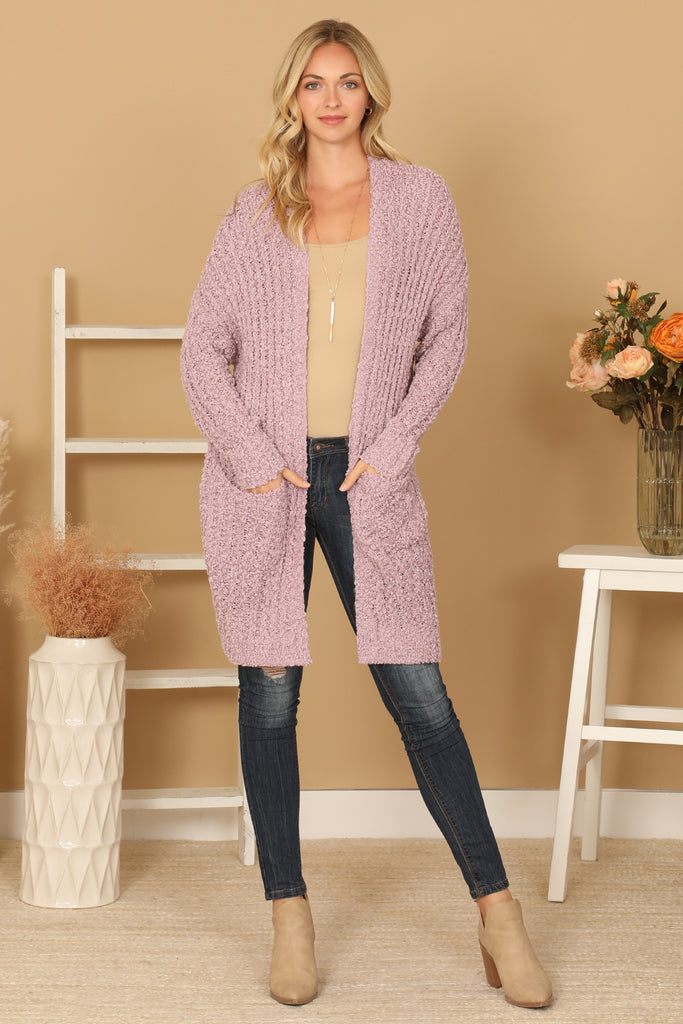 PLUS SIZE POPCORN FRONT POCKET OPEN CARDIGAN