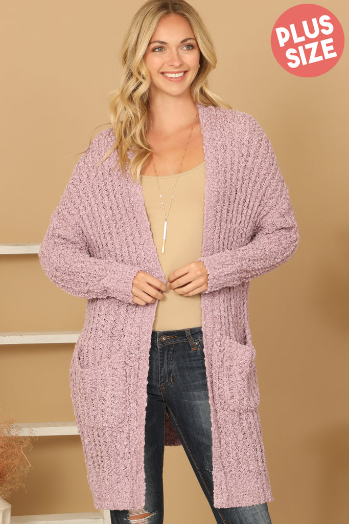 PLUS SIZE POPCORN FRONT POCKET OPEN CARDIGAN
