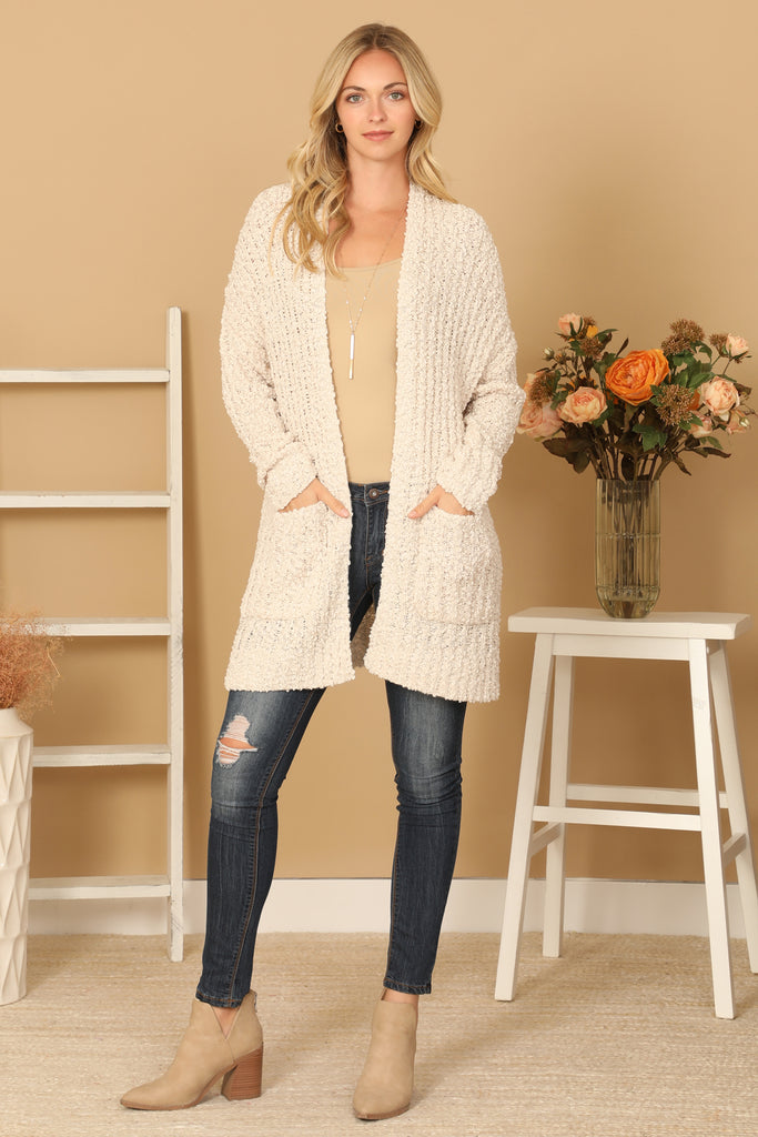 PLUS SIZE POPCORN FRONT POCKET OPEN CARDIGAN