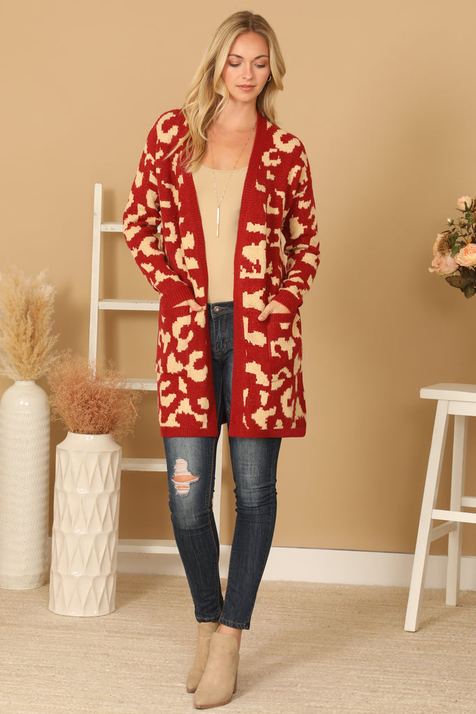 KNITTED FRONT POCKET PRINTED OPEN CARDIGAN
