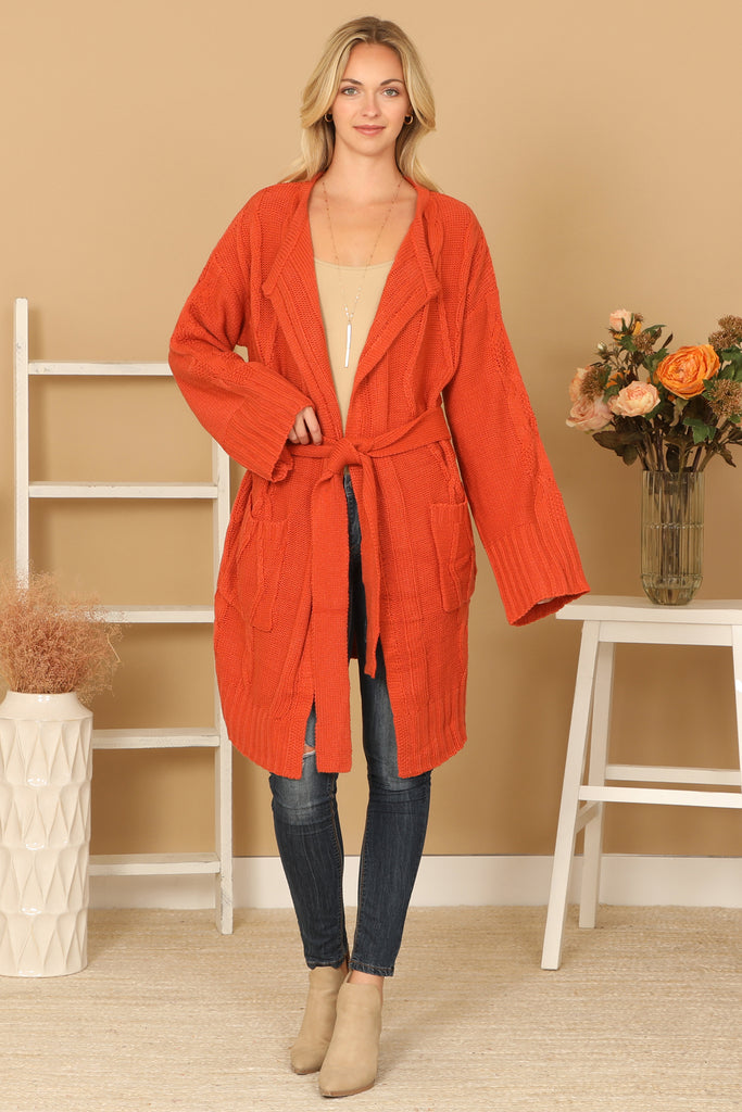 KNITTED LONG SLEEVE WAIST TIE CARDIGAN