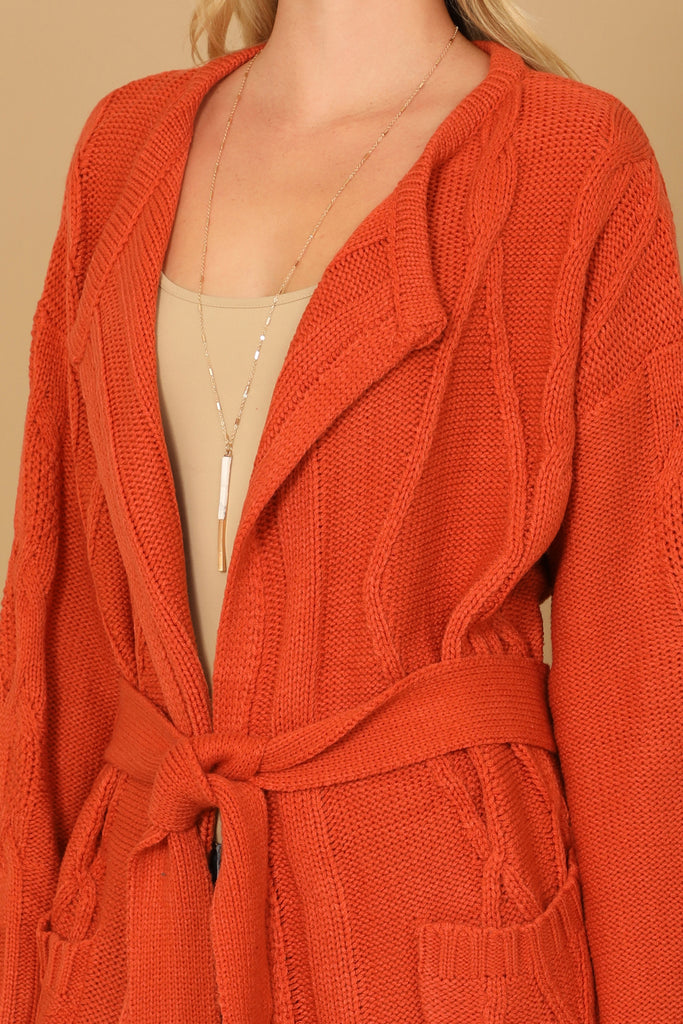 KNITTED LONG SLEEVE WAIST TIE CARDIGAN