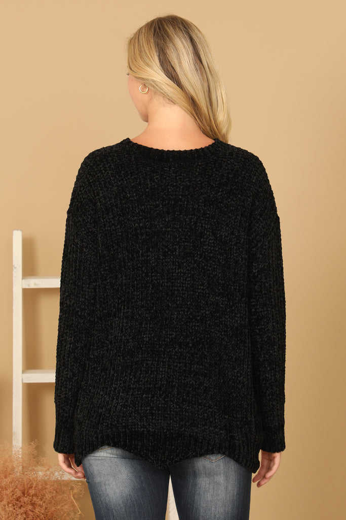 CHUNKY CHENILLE KNIT SWEATER WITH SCALLOPED HEM SWEATER