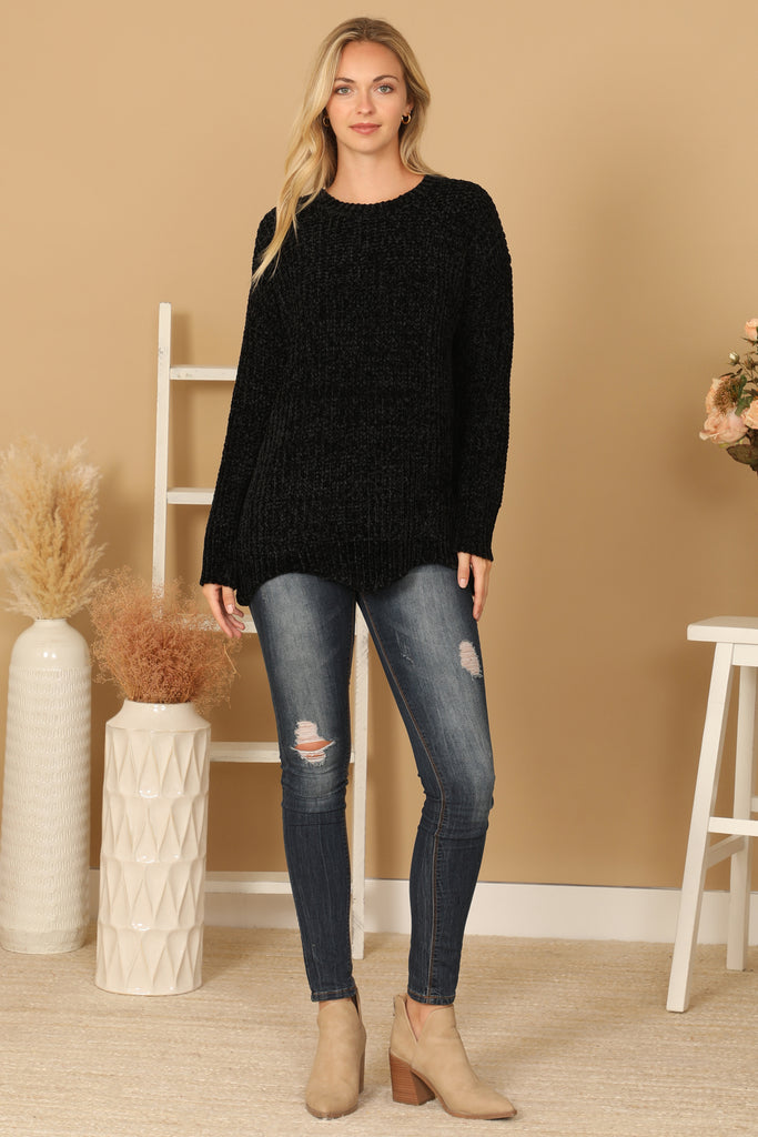 CHUNKY CHENILLE KNIT SWEATER WITH SCALLOPED HEM SWEATER