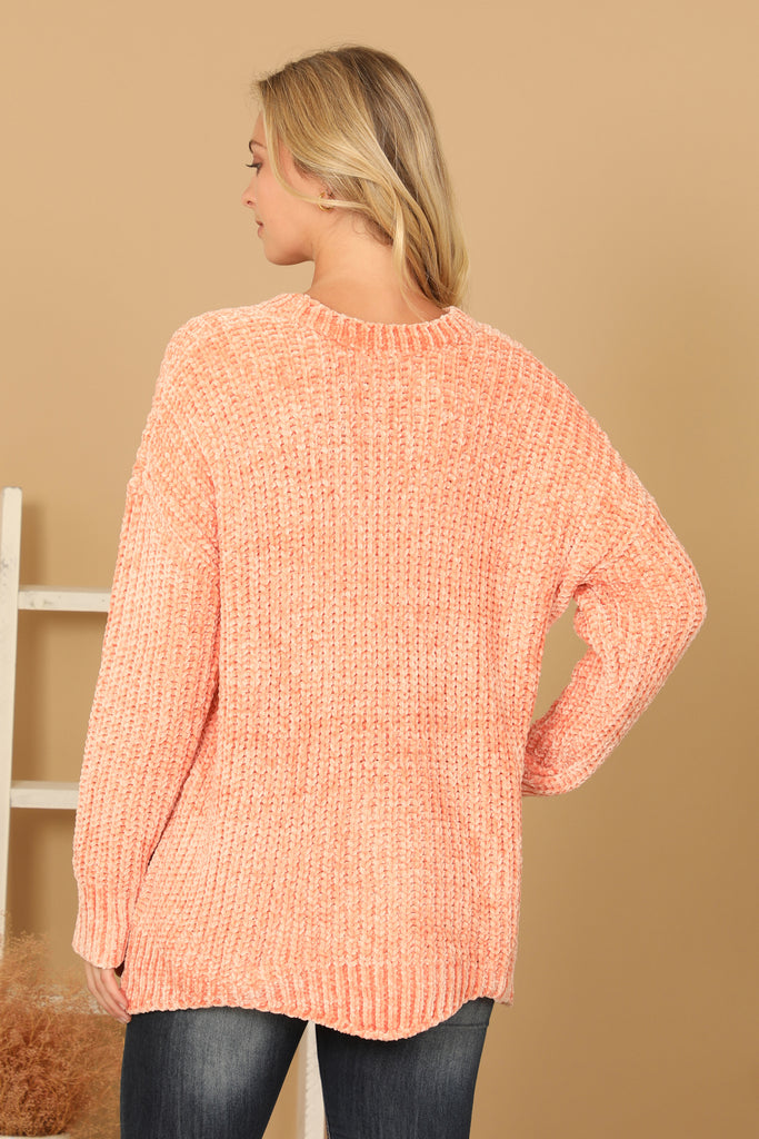 CHUNKY CHENILLE KNIT SWEATER WITH SCALLOPED HEM SWEATER