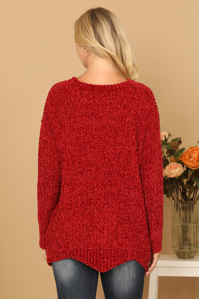 CHUNKY CHENILLE KNIT SWEATER WITH SCALLOPED HEM SWEATER