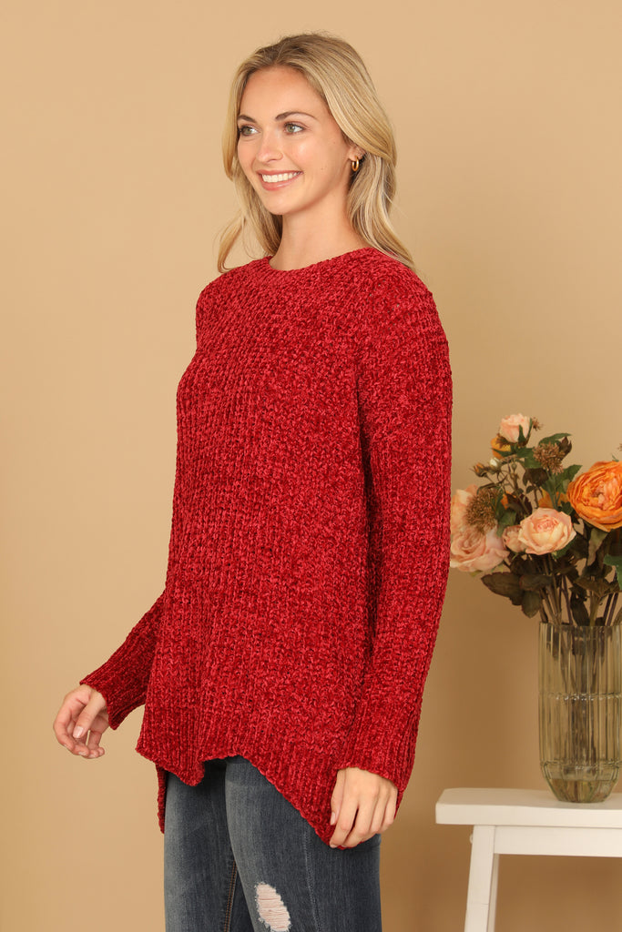 CHUNKY CHENILLE KNIT SWEATER WITH SCALLOPED HEM SWEATER