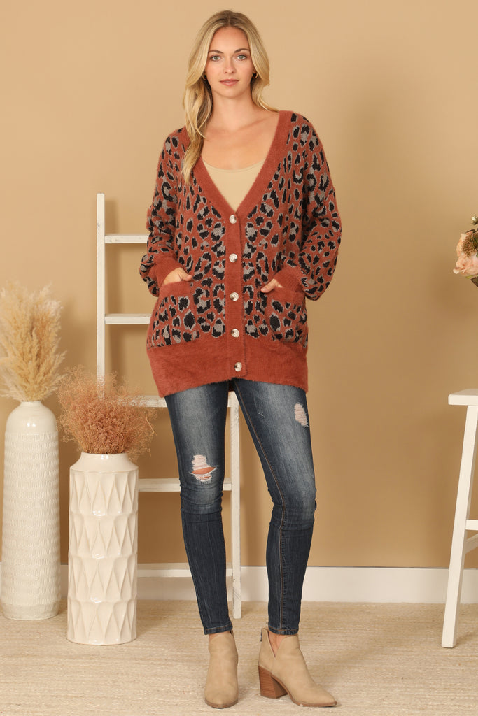 FURRY LEOPARD BUTTON DOWN CARDIGAN
