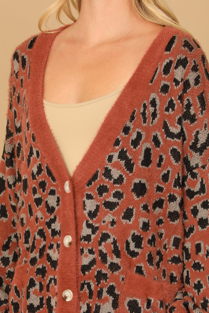 FURRY LEOPARD BUTTON DOWN CARDIGAN