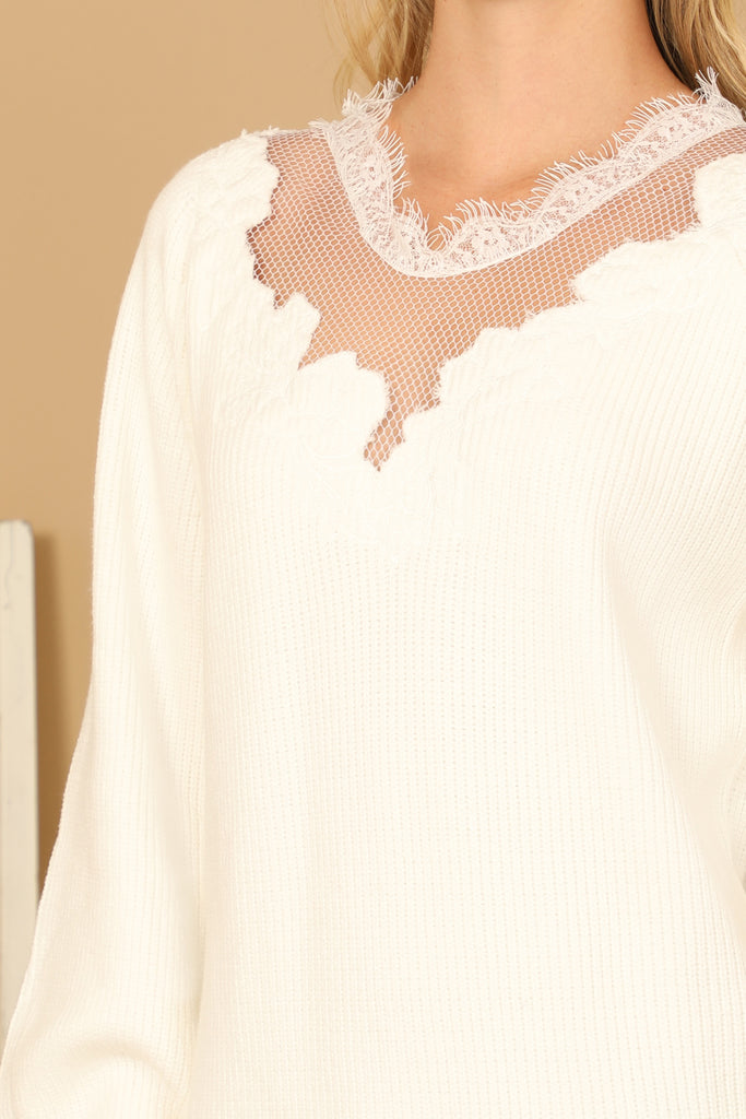 LACE NECK DETAIL RIB SWEATER