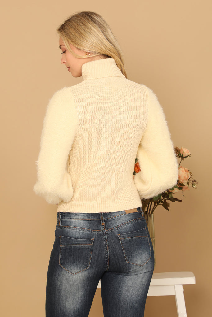FUR SLEEVES RIBBED TURTLENECK SWEATER