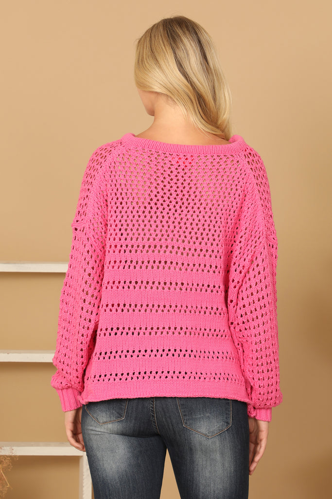 DRAWSTRING EYELET KNIT SWEATER