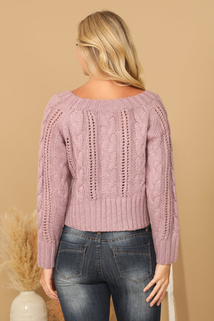 CHUNKY CABLE KNIT OFF SHOULDER CROP SWEATER