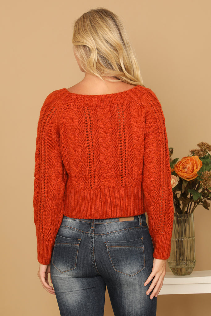 CHUNKY CABLE KNIT OFF SHOULDER CROP SWEATER
