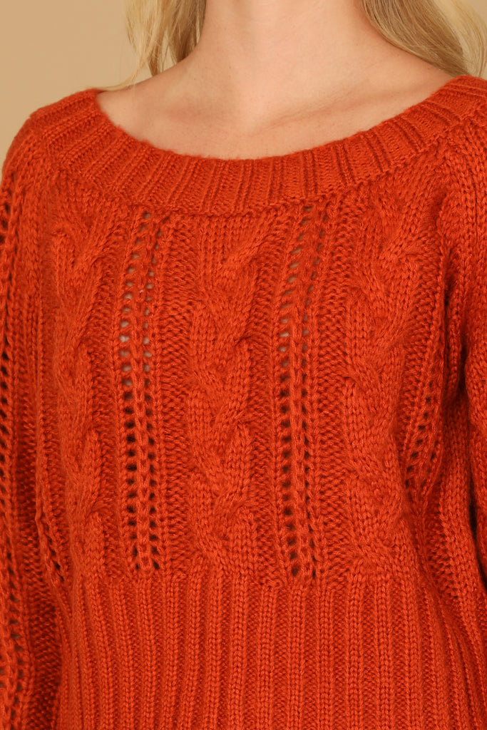 CHUNKY CABLE KNIT OFF SHOULDER CROP SWEATER