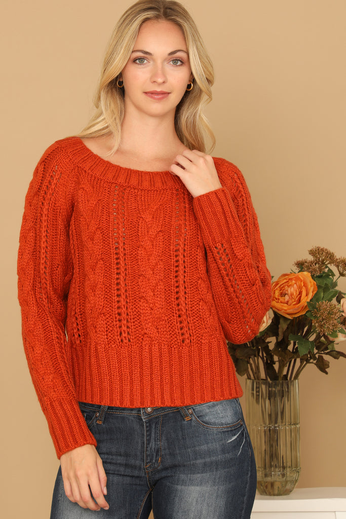 CHUNKY CABLE KNIT OFF SHOULDER CROP SWEATER