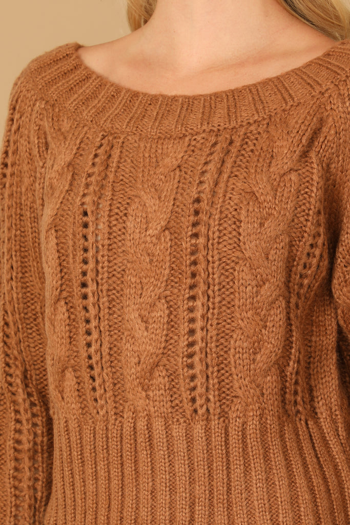 CHUNKY CABLE KNIT OFF SHOULDER CROP SWEATER