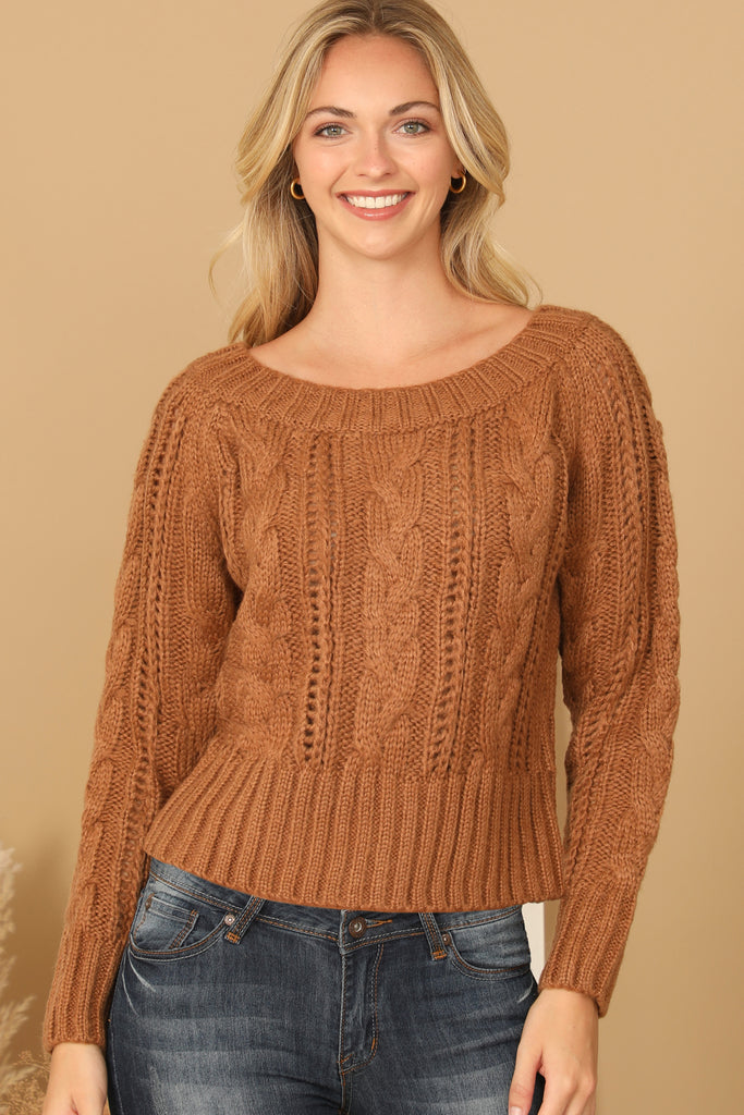 CHUNKY CABLE KNIT OFF SHOULDER CROP SWEATER