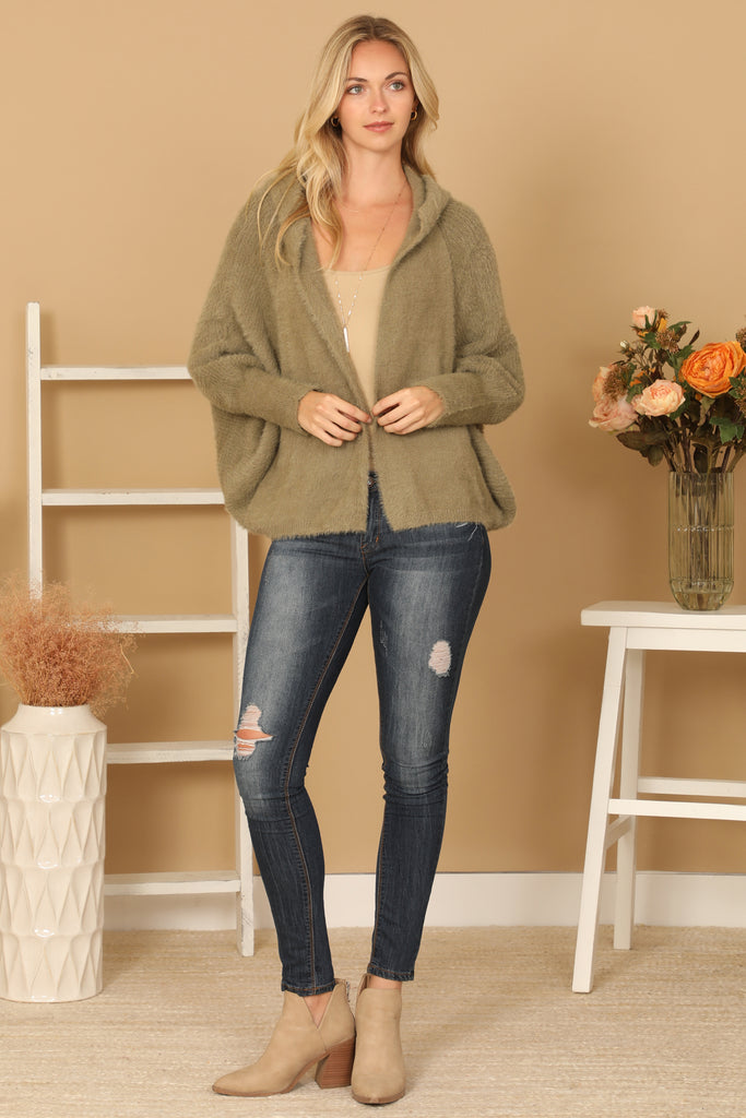 FLUFFY KNIT DOLMAN SLEEVE HOODIE CARDIGAN