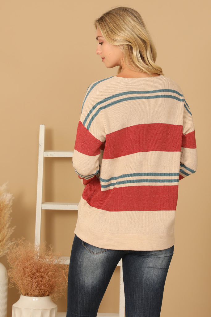 V-NECK STRIPE KNITTED SWEATER