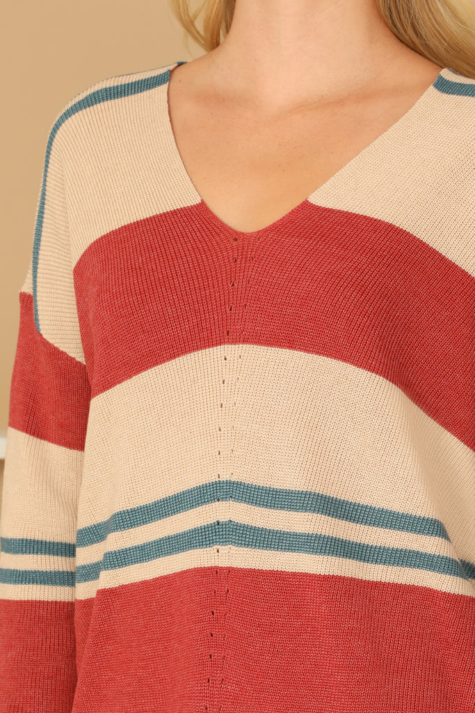 V-NECK STRIPE KNITTED SWEATER