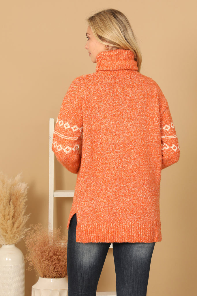 TURTLE NECK DRAWSTRING PRINTED KNIT SWEATER