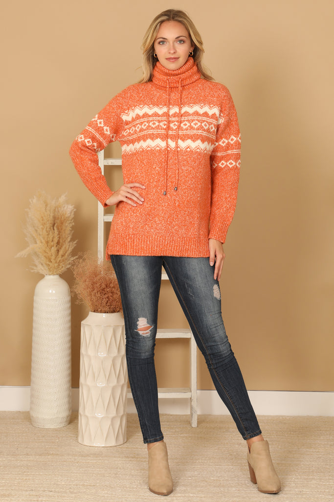 TURTLE NECK DRAWSTRING PRINTED KNIT SWEATER