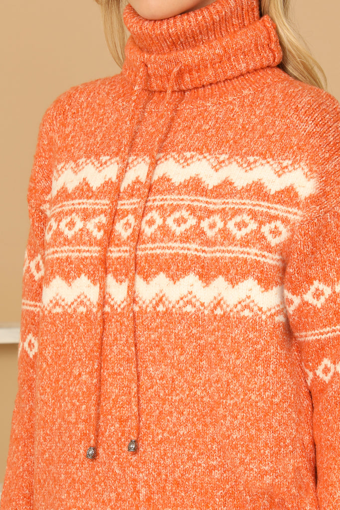 TURTLE NECK DRAWSTRING PRINTED KNIT SWEATER