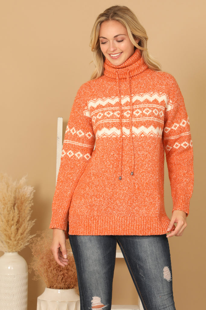 TURTLE NECK DRAWSTRING PRINTED KNIT SWEATER
