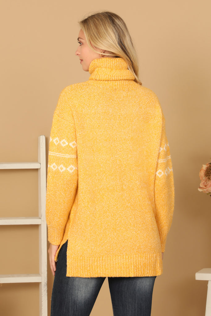 TURTLE NECK DRAWSTRING PRINTED KNIT SWEATER