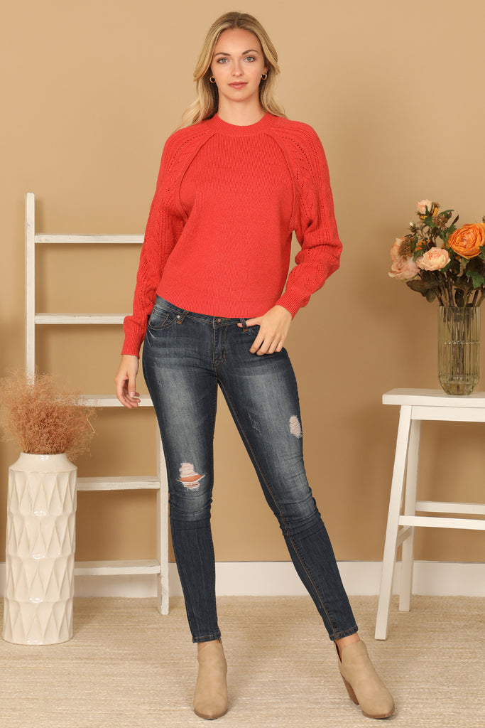 CONTRAST RAGLAN EYELET SLEEVES TOP