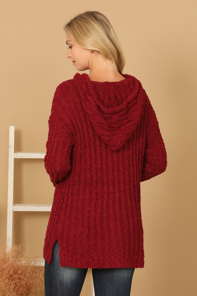 RIBBED POPCORN KNIT TUNIC HOODIE SWEATER