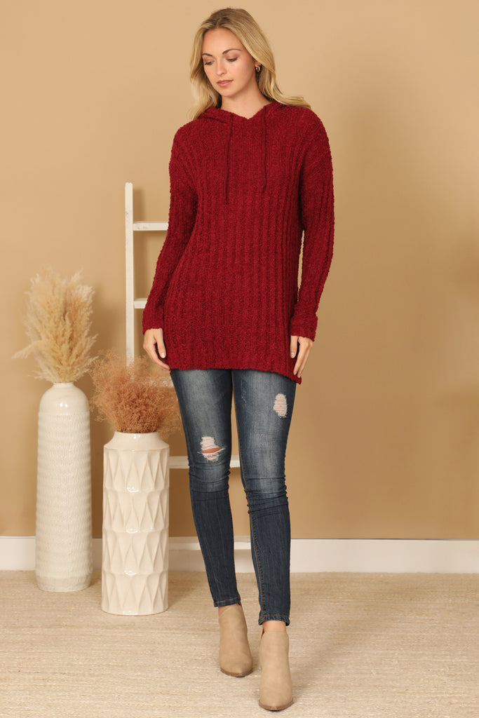 RIBBED POPCORN KNIT TUNIC HOODIE SWEATER