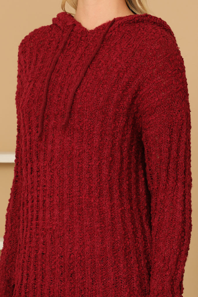 RIBBED POPCORN KNIT TUNIC HOODIE SWEATER