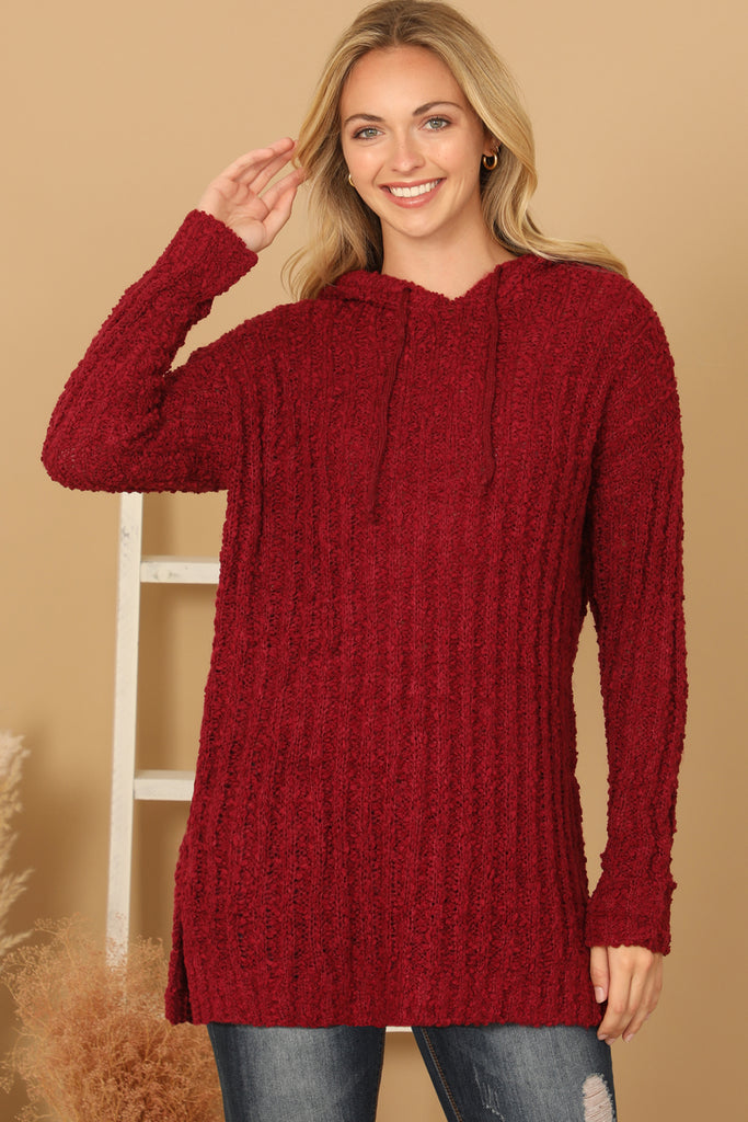 RIBBED POPCORN KNIT TUNIC HOODIE SWEATER