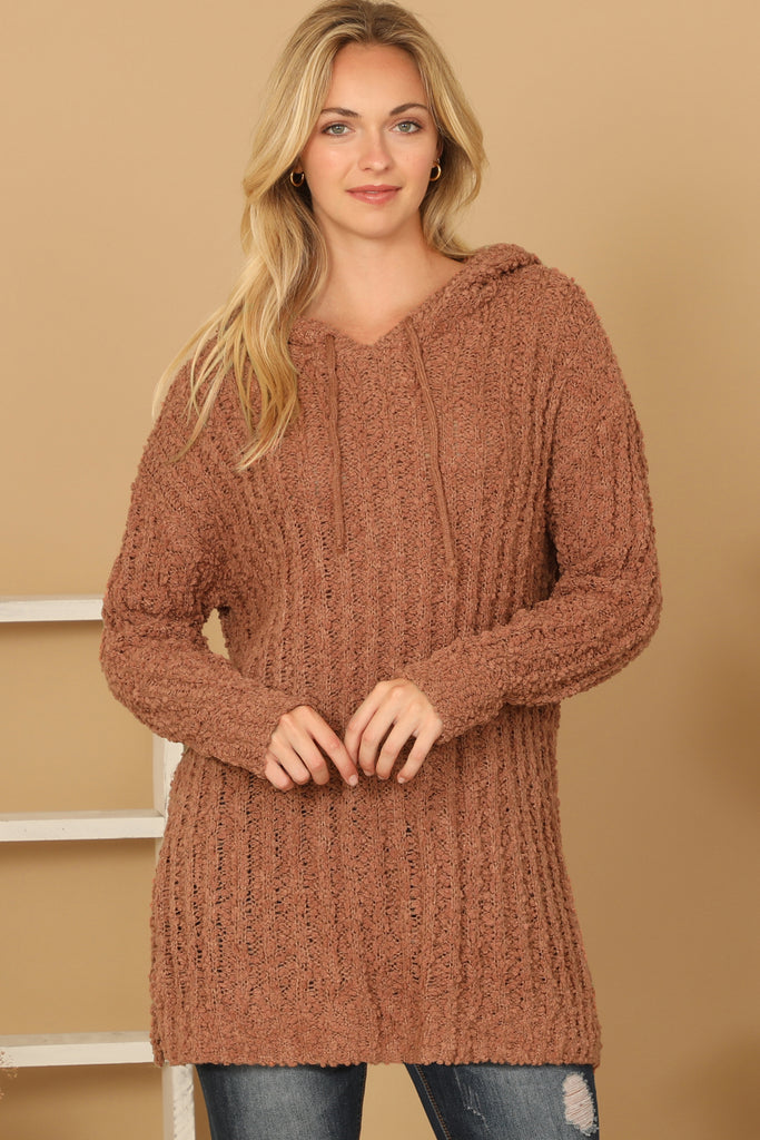 RIBBED POPCORN KNIT TUNIC HOODIE SWEATER