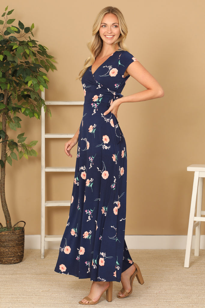FLOWERS WRAP NECK WAIST TIE DETAIL MAXI DRESS