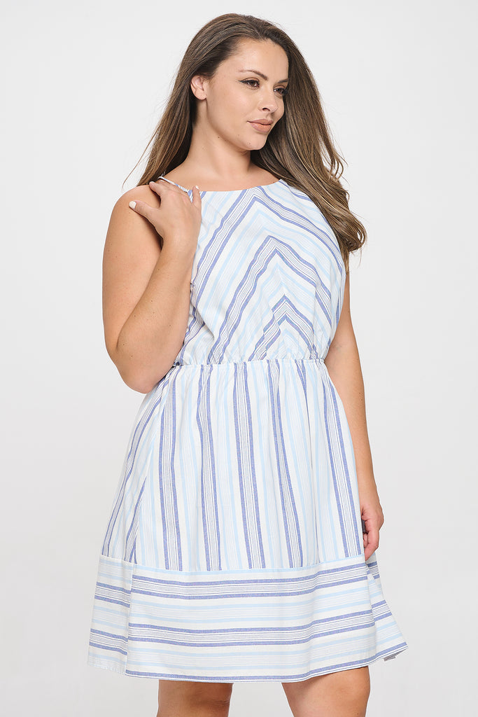 PLUS SIZE SPAGHETTI STRAP CINCH WAIST STRIPES DRESS