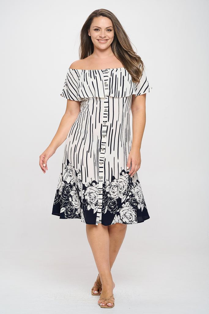 PLUS SIZE OFF SHOULDER FLORAL HEM DRESS