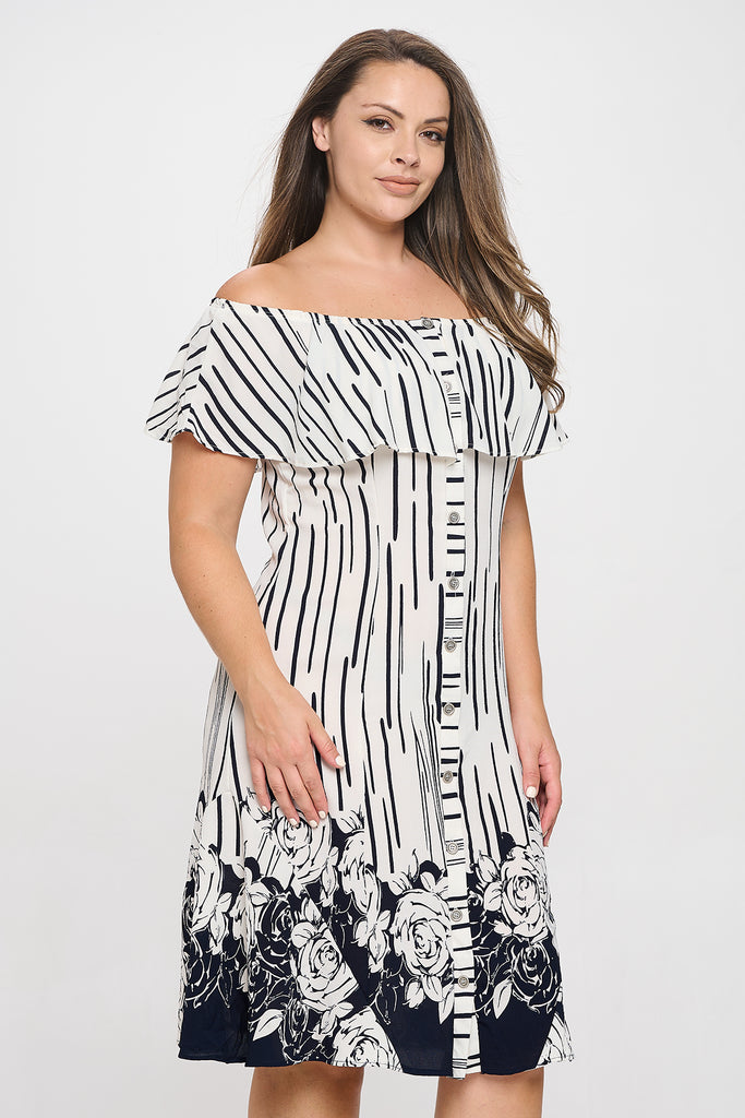 PLUS SIZE OFF SHOULDER FLORAL HEM DRESS